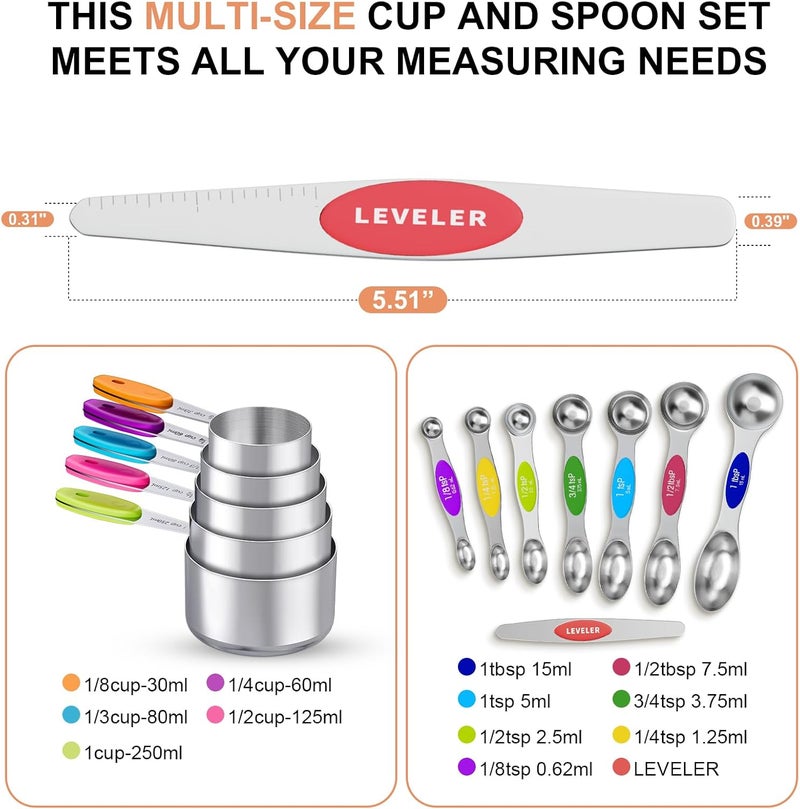 TopFeel 13-Piece Measuring Cups and Magnetic Spoons Set, 5 Stainless Steel Measuring Cups, 7 Double-Sided Magnetic Measuring Spoons & 1 Leveler for Cooking and Baking (5+7+1) - Image 2